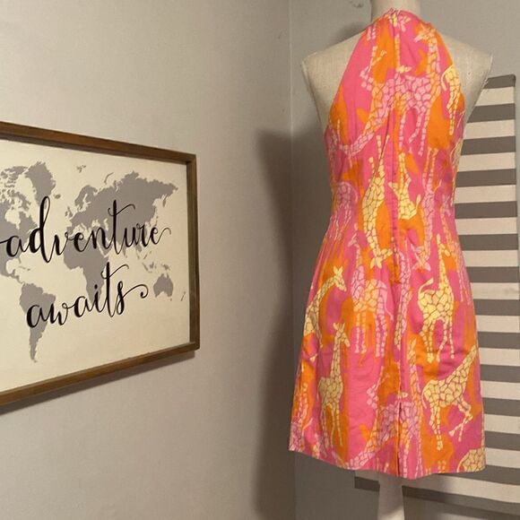 Lilly Pulitzer Pink & Orange Bella Giraffe Lace Inset Yoke Neck Mini Dress Sz 4 - Picture 6 of 9